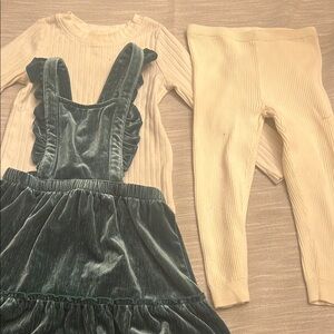 Velvet Green Dress with Cream Ribbed Set